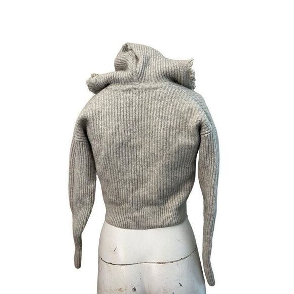 Ladies Small Gray Hooded Cropped Wool Cashmere Sweater Frayed Pullover Ribbed - Picture 4 of 7